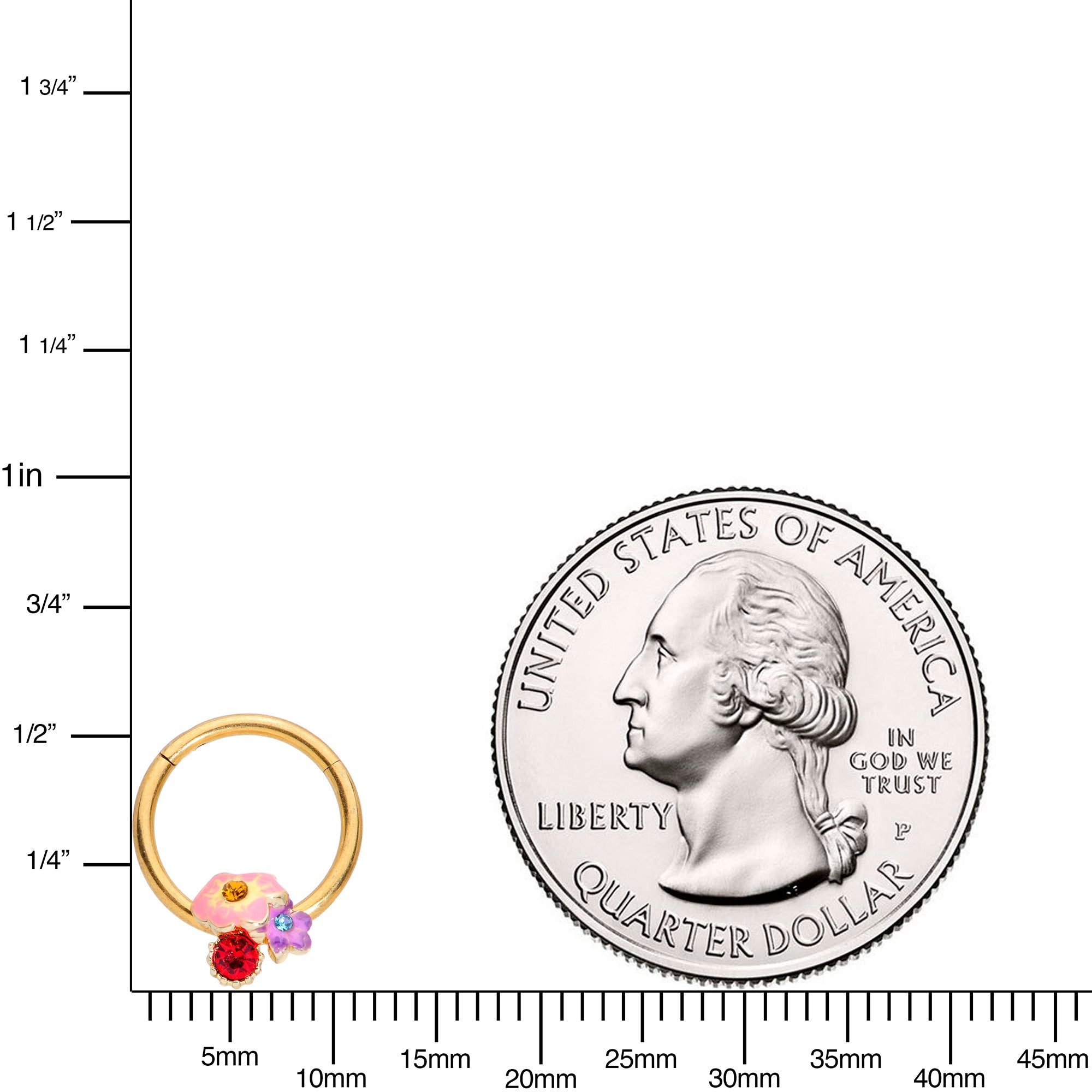 16G 3/8 Red Blue Gem Gold Tone Multi Flower Hinged Segment Ring