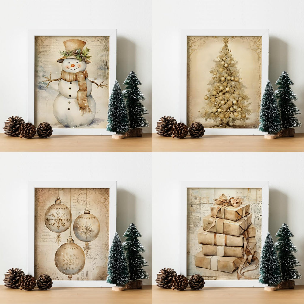 JXREQ Vintage Christmas Wall Art Prints 8x10 Snowman Tree Set of 4 Unframed