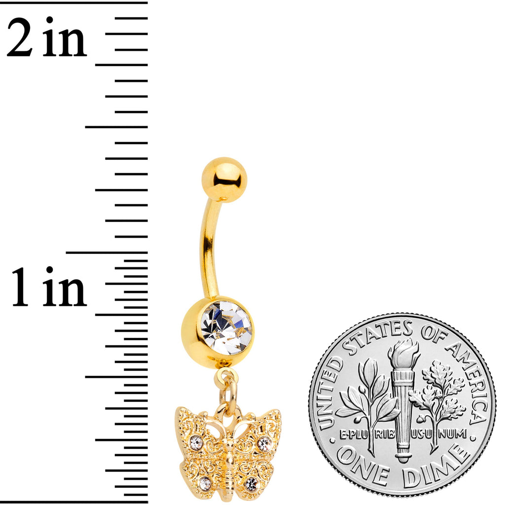 Gold Tone Clear Gem Baroque Butterfly Dangle Belly Ring
