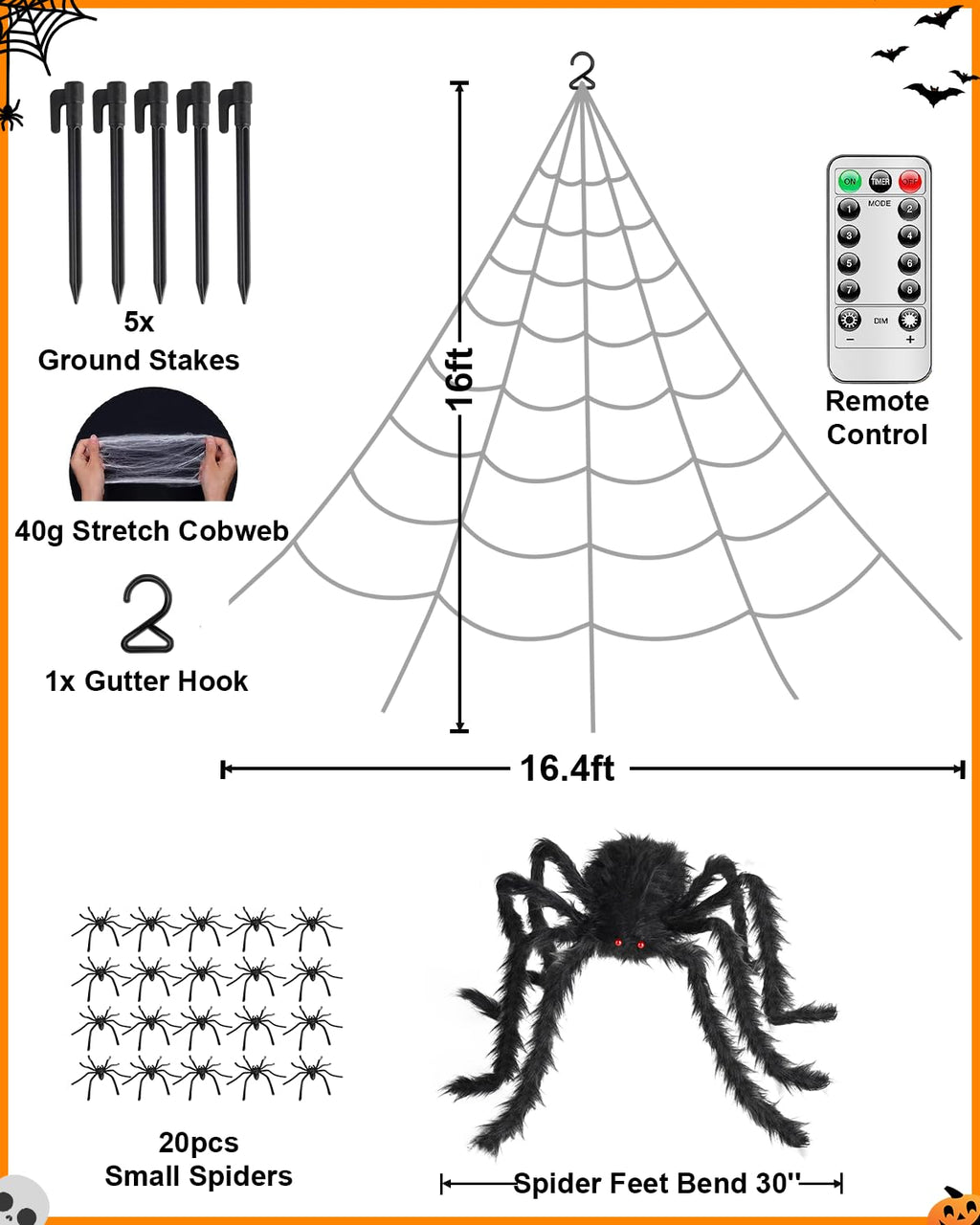 ECOHDT Brighter Spider Webs Halloween Lights 250 Purple LED 16.4Ft 8 Modes