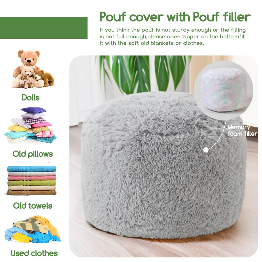 HIGOGOGO Round Faux Fur Stuffed Pouf Ottoman 26x18 Light Grey
