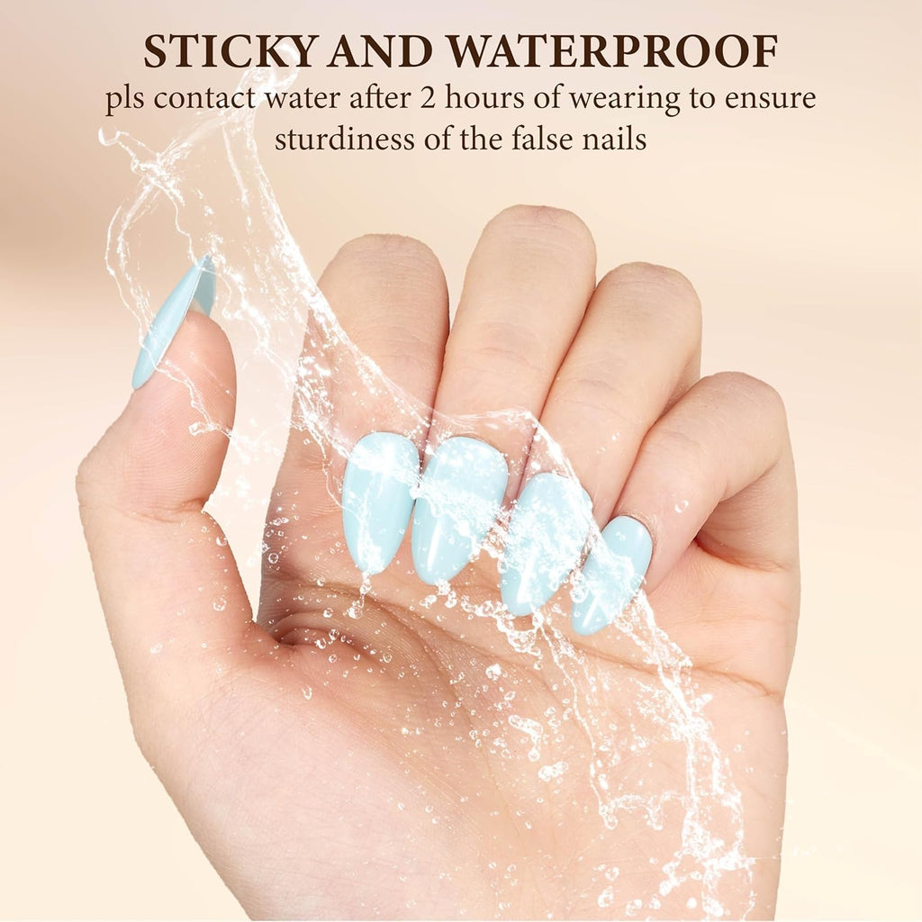 KBS Designer Handmade Press On Nails Blue Short French Tip Almond 16 Sizes Kit