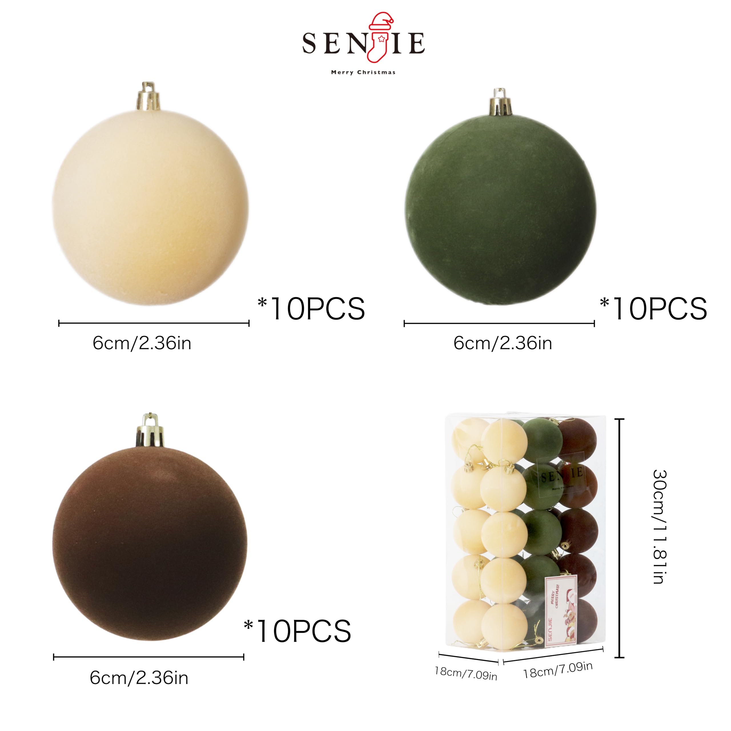 Senjie 30pcs Velvet Christmas Balls Ornaments 2.36in Brown Green Khaki