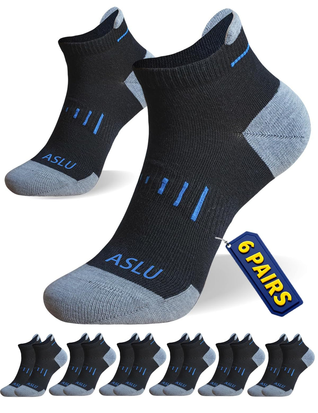 ASLU Athletic Compression Cushioned Ankle Socks Black 6 Pairs Size 6-9