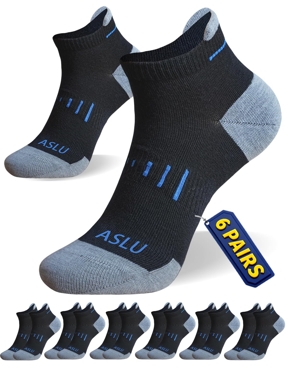 ASLU Athletic Compression Cushioned Ankle Socks Black 6 Pairs Size 6-9