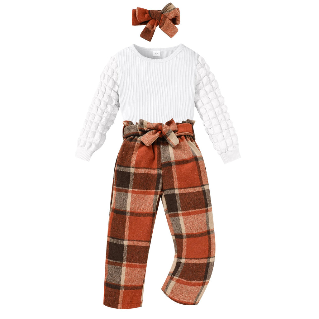 TITKKOP Toddler Baby Girl Ribbed Top Plaid Pants Belt Set Orange Grid Size 4-5T