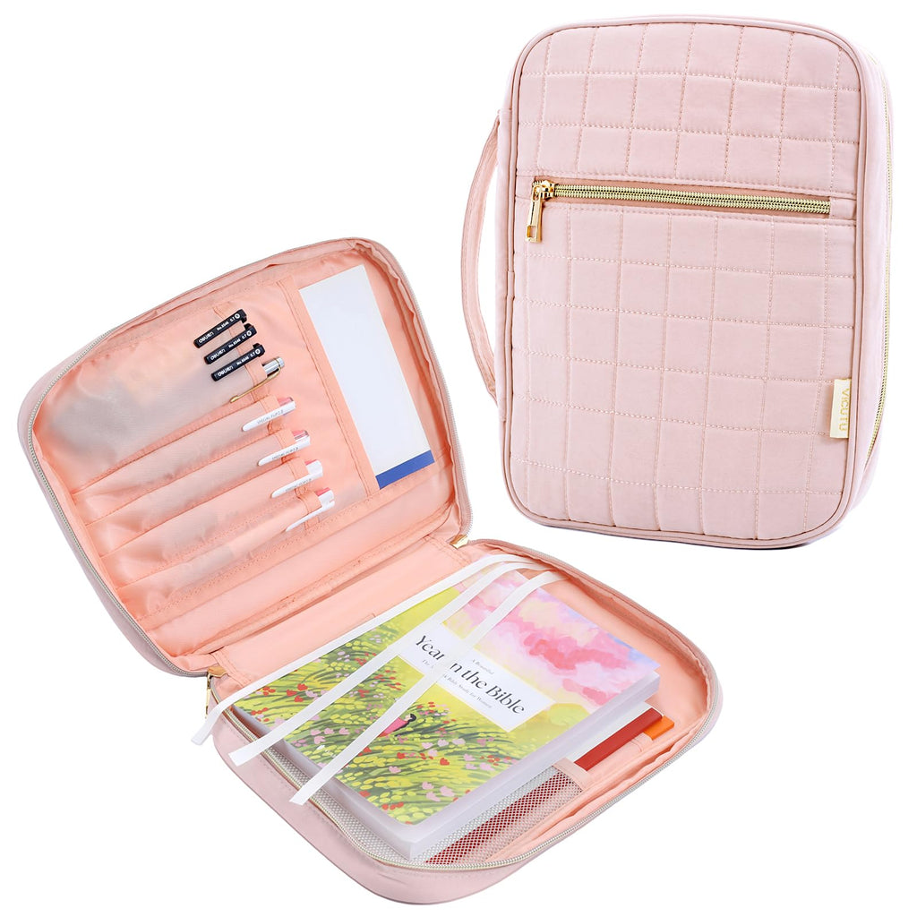 VICUTU Bible Cover Case for Women with Handle Pink Soft Quilted Carrying Bag
