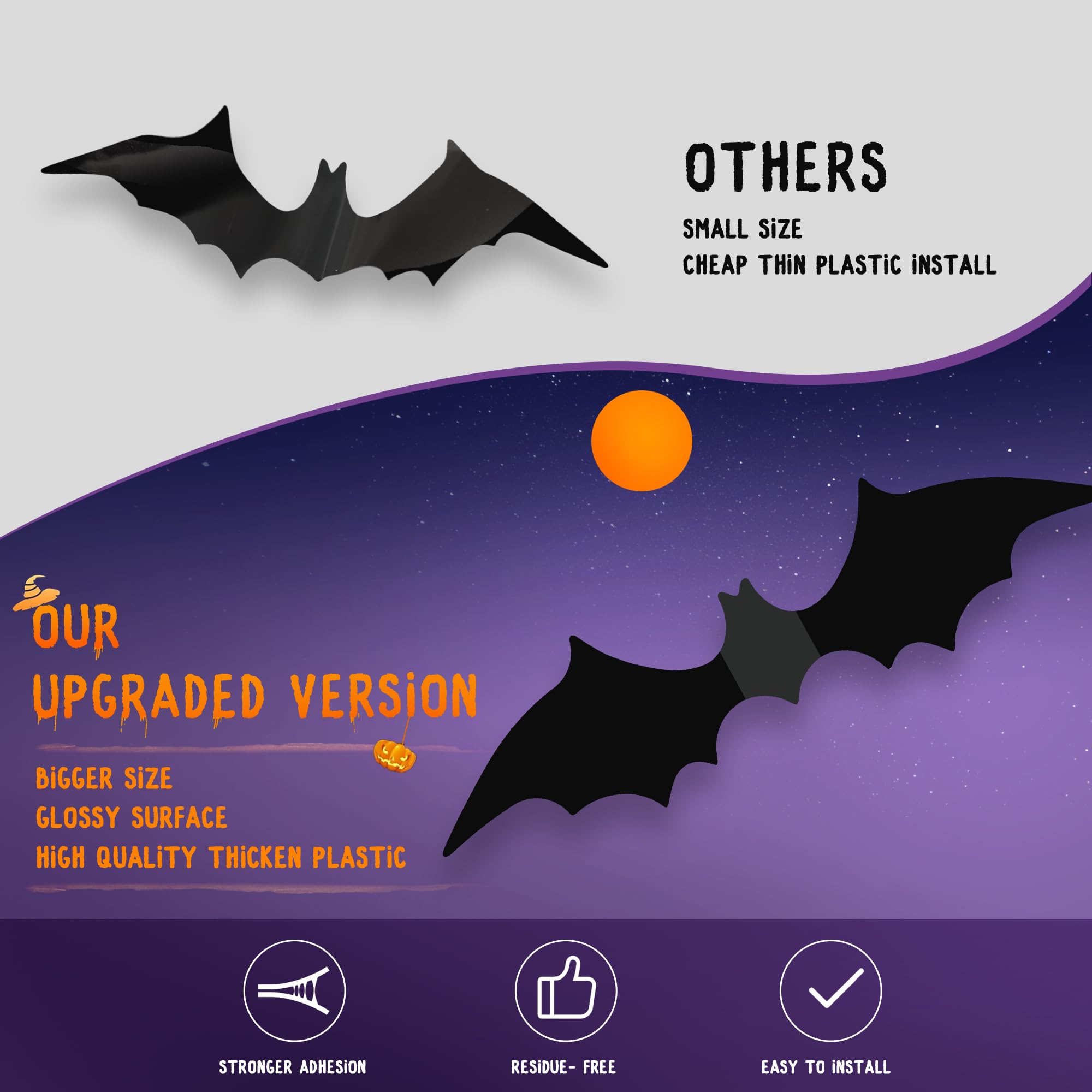 PFAMKEER Halloween Bat Stickers 120pcs 3D Black PVC Various Sizes