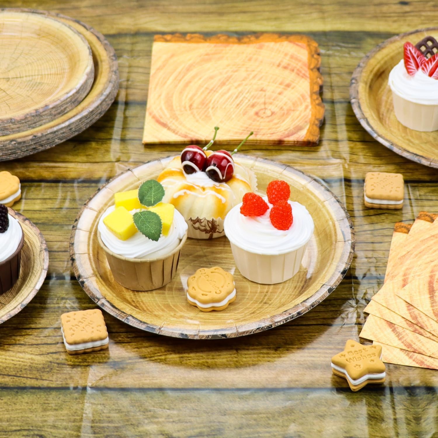 Generic Rustic Wood Grain Party Supplies 69pcs Plates Napkins Tablecloth Cutlery