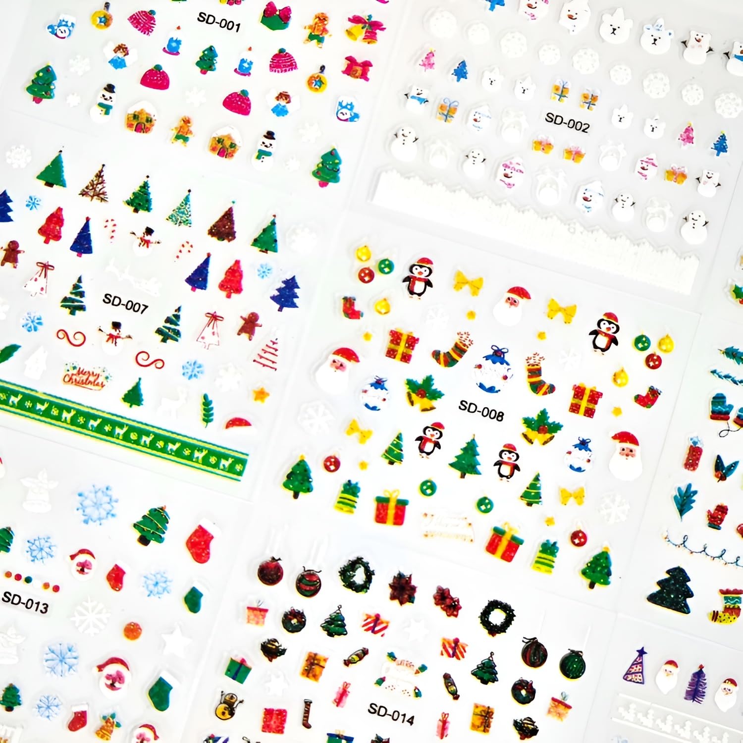 Namrec Christmas Nail Stickers 5D Embossed Santa Snowflake Colorful 2 Sheets