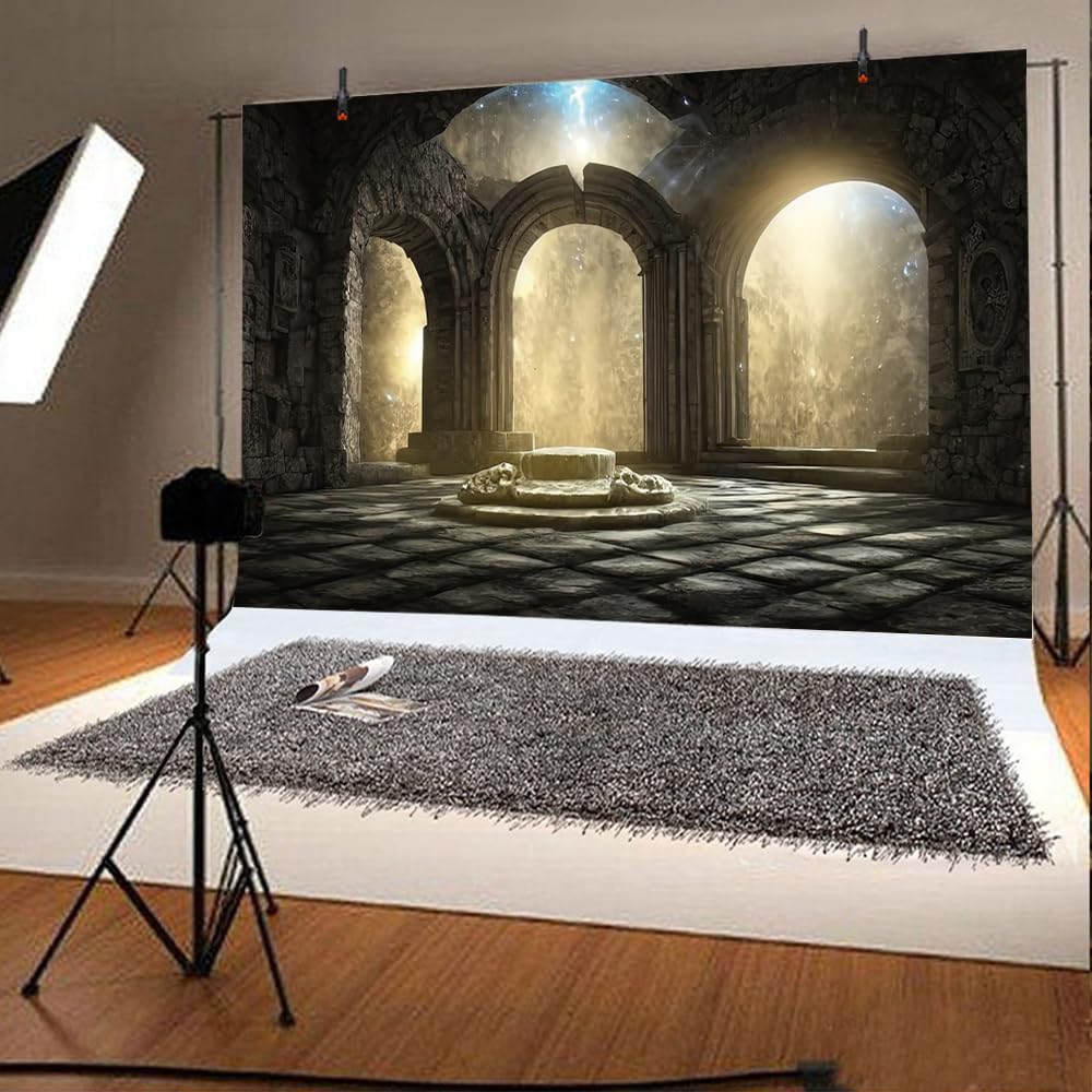 DORCEV Gothic Castle Ruins Backdrop Vintage Foggy Fantasy 12x8ft Grey Vinyl