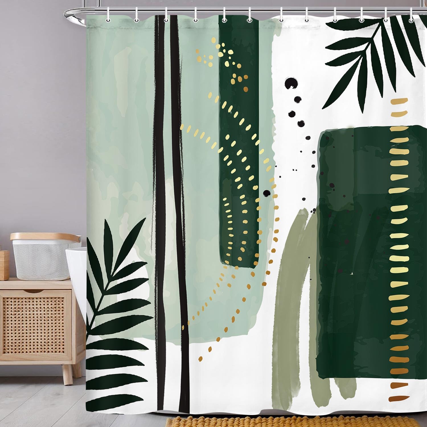 Torich Mid Century Boho Geometric Waterproof Shower Curtain 69x72 Green 12pc