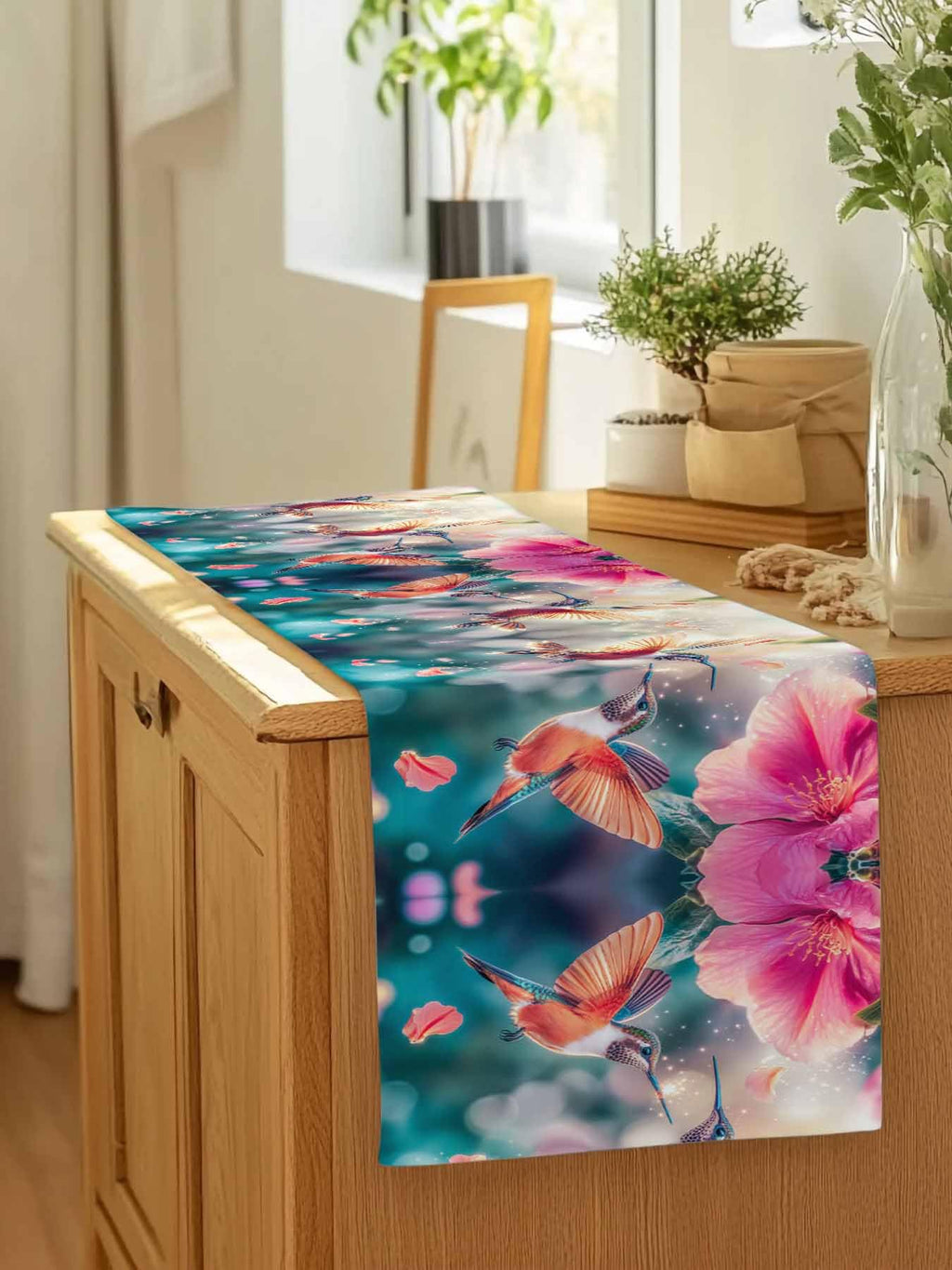 Perdecor Spring Hummingbird Pink Petals Table Runner 13x70in Cotton Linen