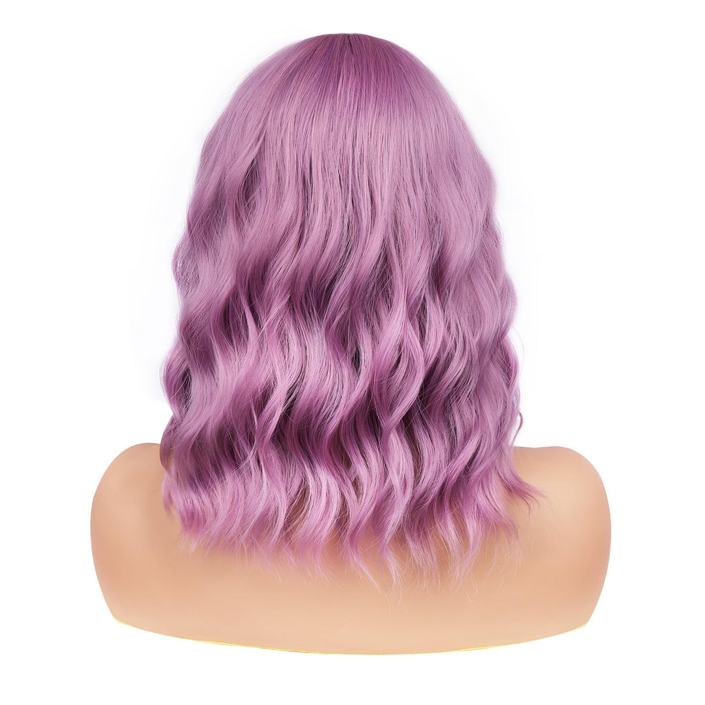 BATISI Lavender Pink Wavy Bob Synthetic Wig Short Shoulder Length Bangs