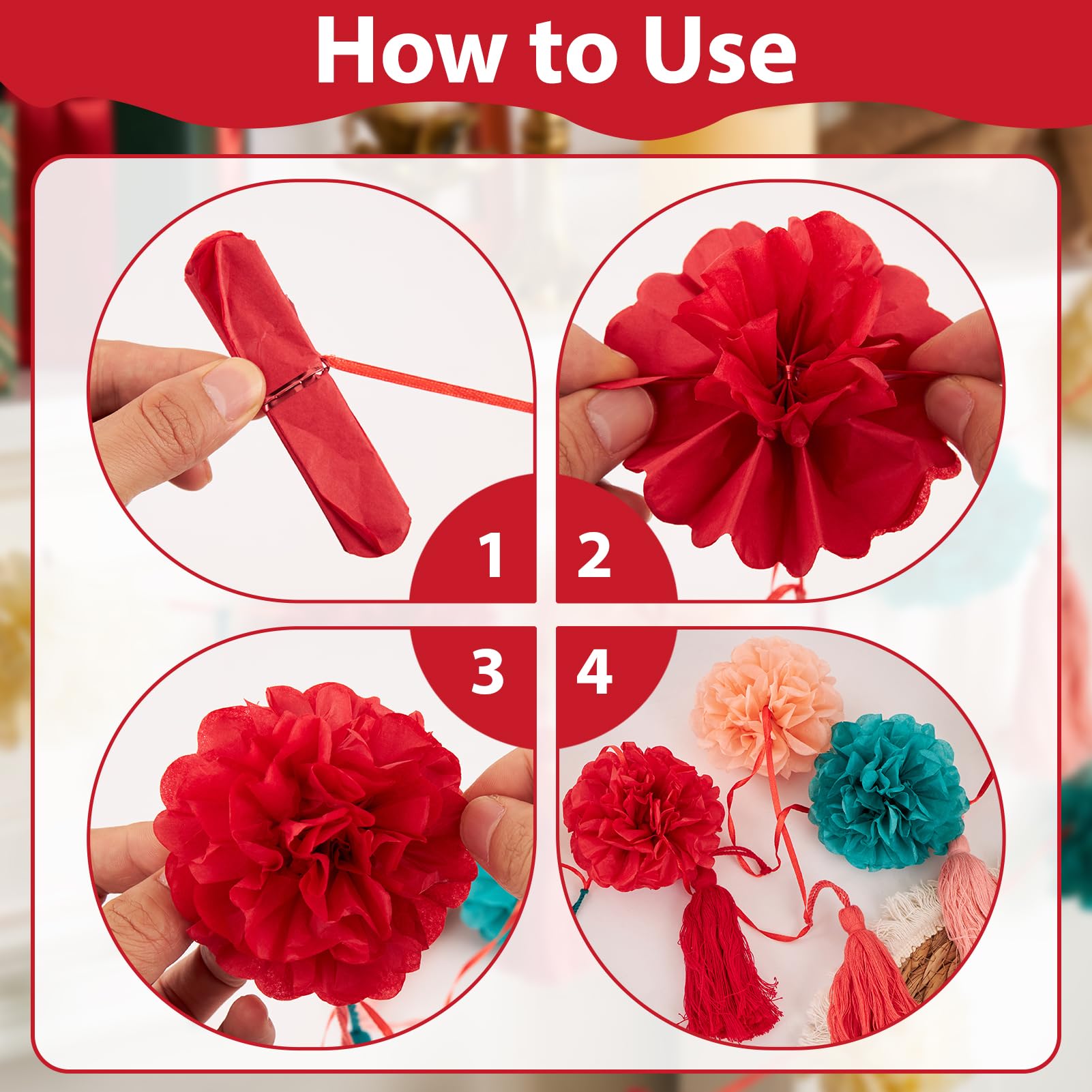 OBBOLO Tissue Paper Pompom Garland with Cotton Tassels 2 Pcs Red Green Pink