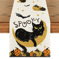 Artoid Mode Halloween Table Runner Black Cat Pumpkins Moon 13x72 Inch Beige