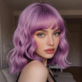 BATISI Lavender Pink Wavy Bob Synthetic Wig Short Shoulder Length Bangs
