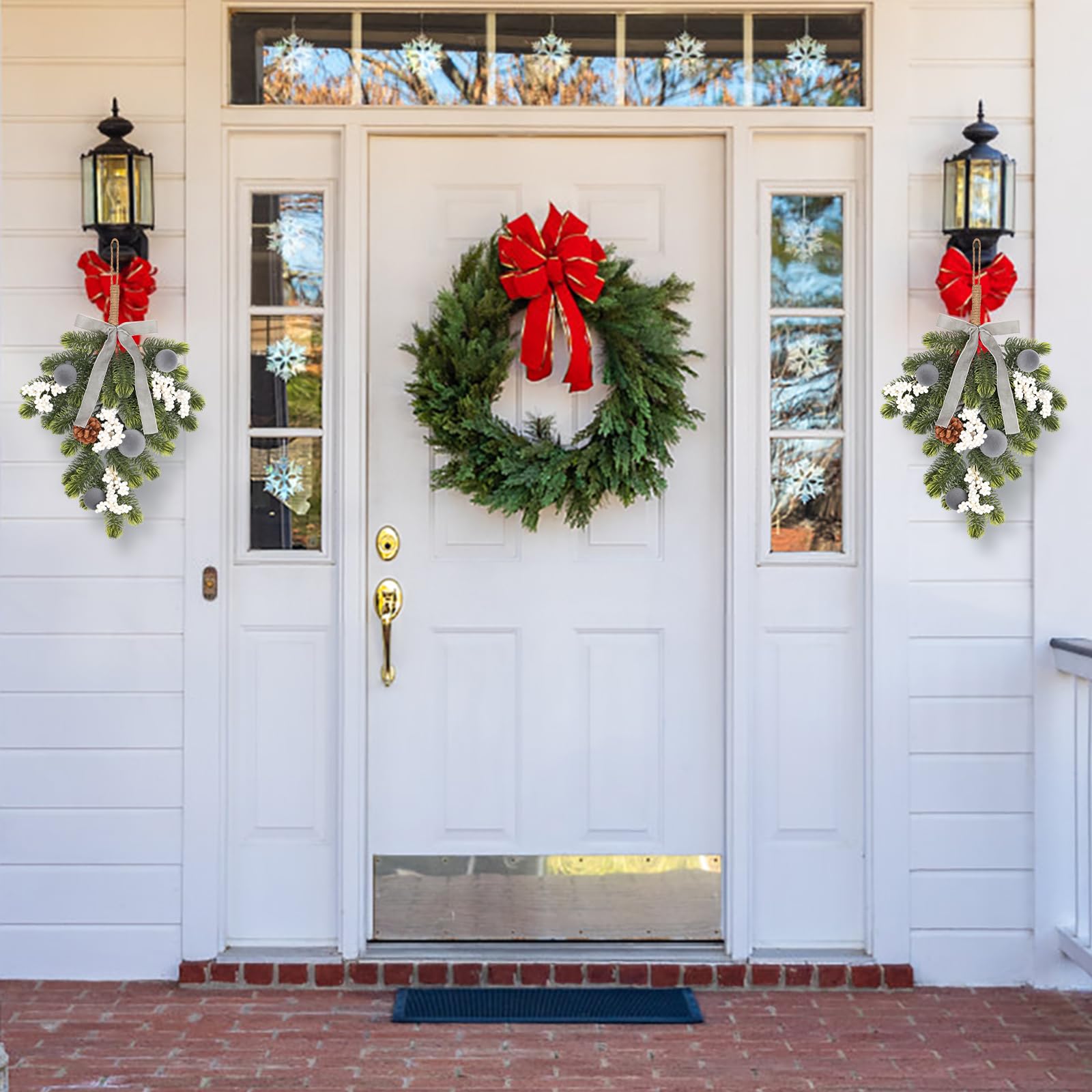 Super Holiday Christmas 2PCS Artificial Green Plant Wreaths Grey Velvet Bow