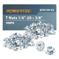 POWERTEC 1/4-20 4 Pronged T Nuts Threaded Inserts Woodworking 3/8" Length 100pcs