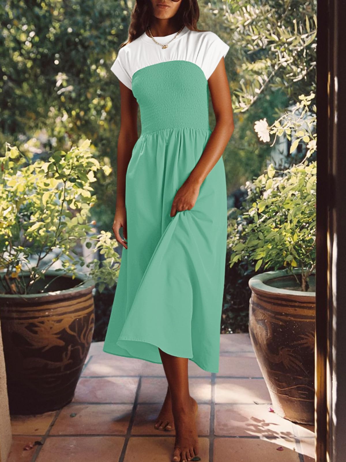 Wenrine Womens Casual Summer Midi Dress Smocked Cap Sleeve Green Size L