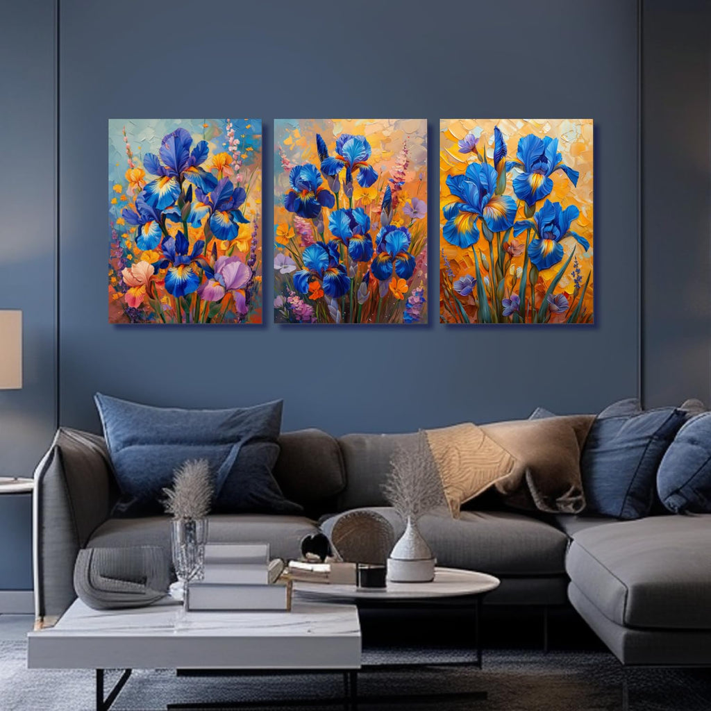 HTTART Blue Iris Flower Oil Painting Wall Art Van Gogh Style 12x16 Set of 3