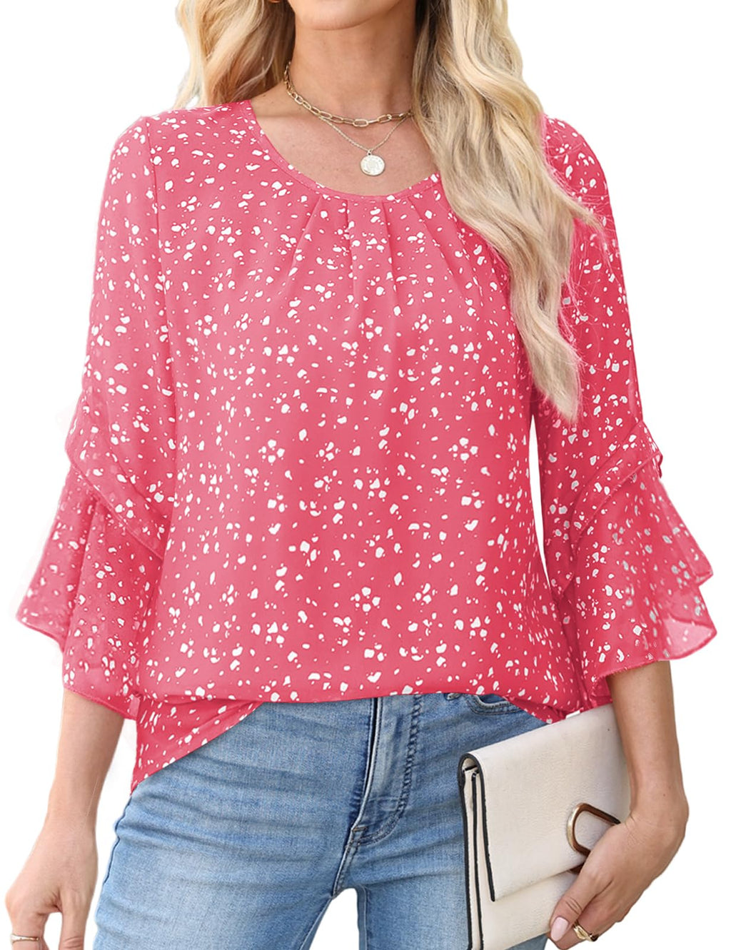 CiCiBird Women Chiffon Floral Blouse 3/4 Ruffle Sleeve Pink Size XXL
