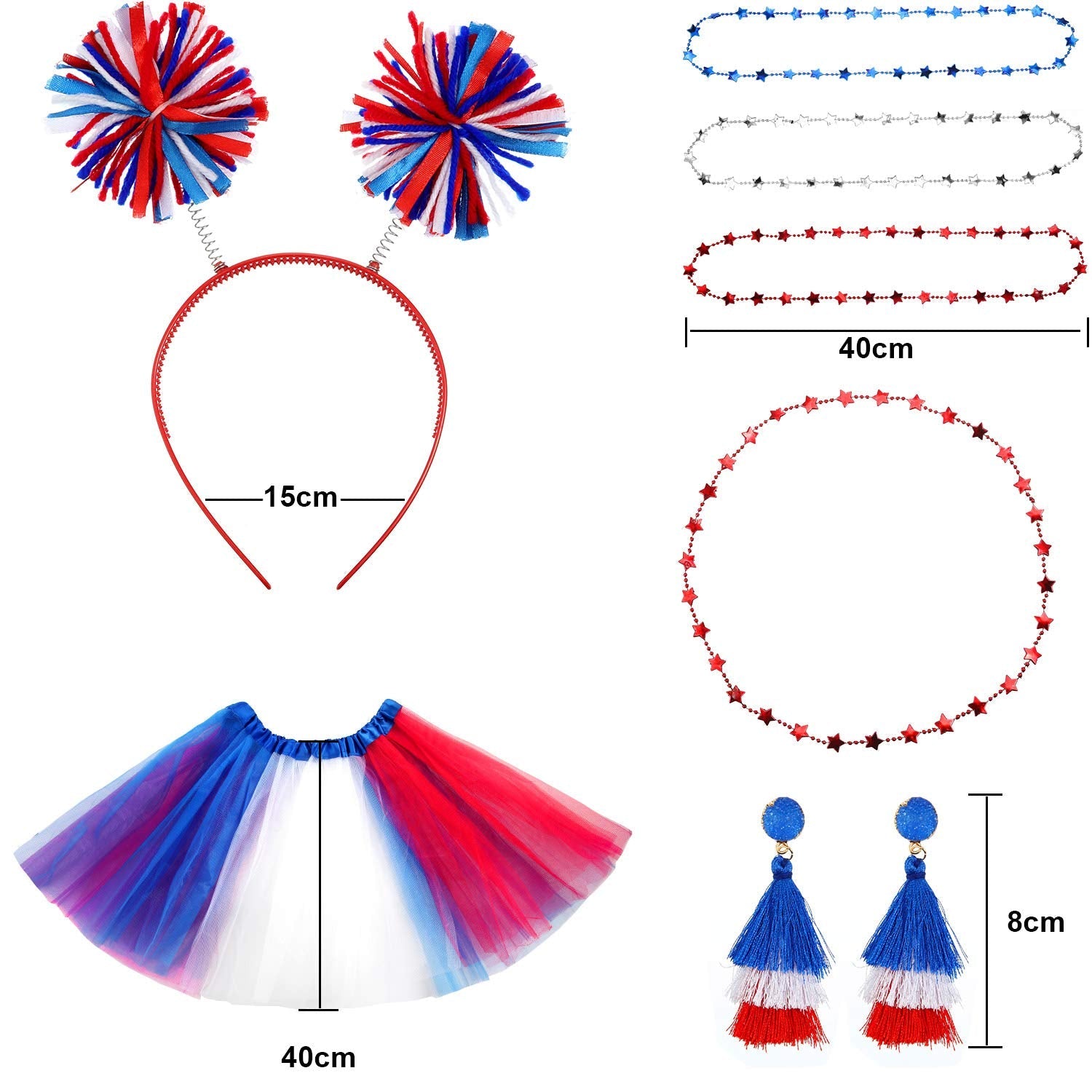 Hicarer 80s Women Tutu Set Pom Pom Headband Necklaces Earrings Red Blue White M
