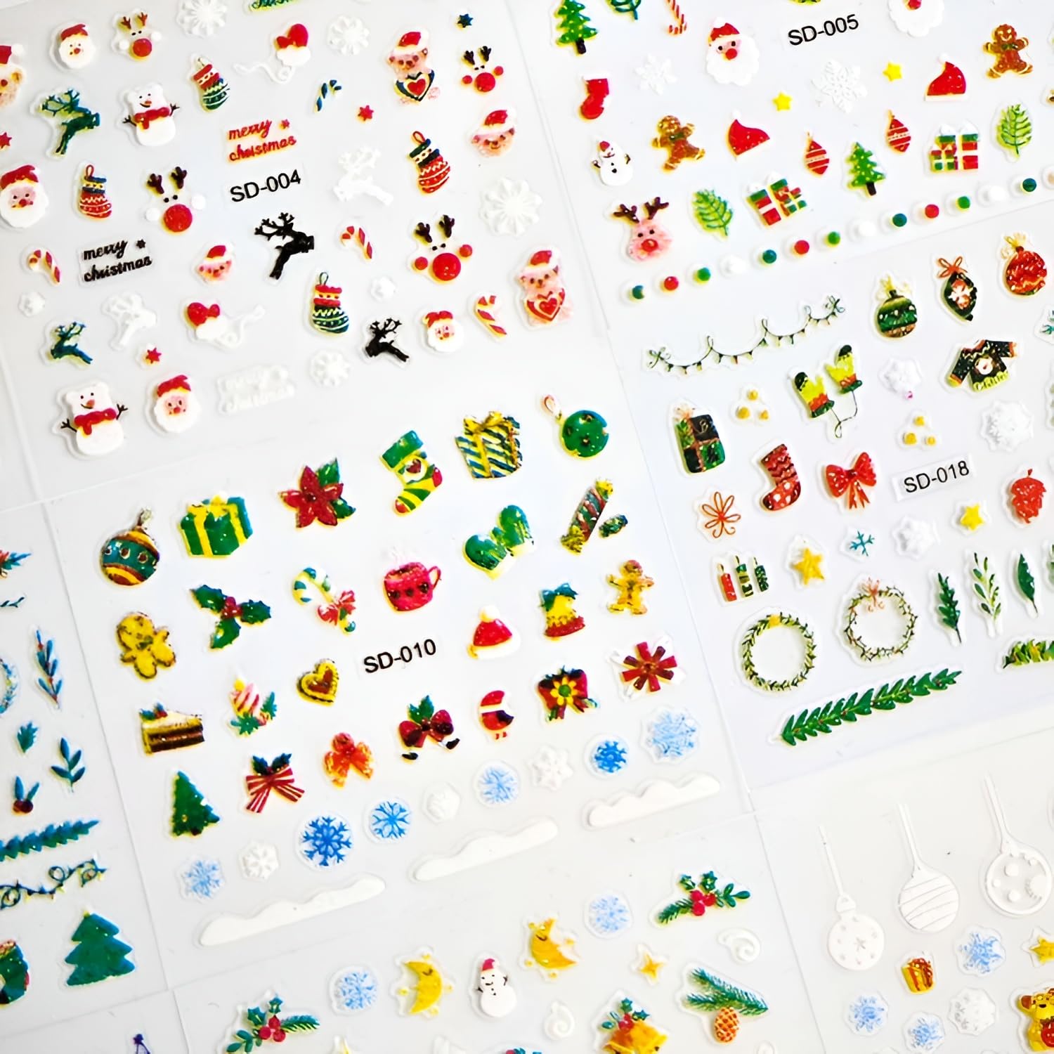Namrec Christmas Nail Stickers 5D Embossed Santa Snowflake Colorful 2 Sheets