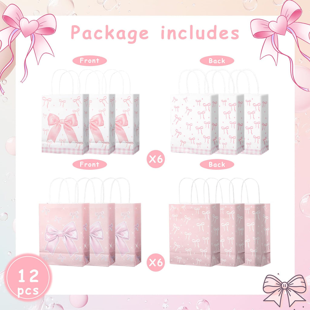 BOXOB Pink Bow Gift Bags 12pcs 8.27x6.3x3.15in Pink White Party Favor