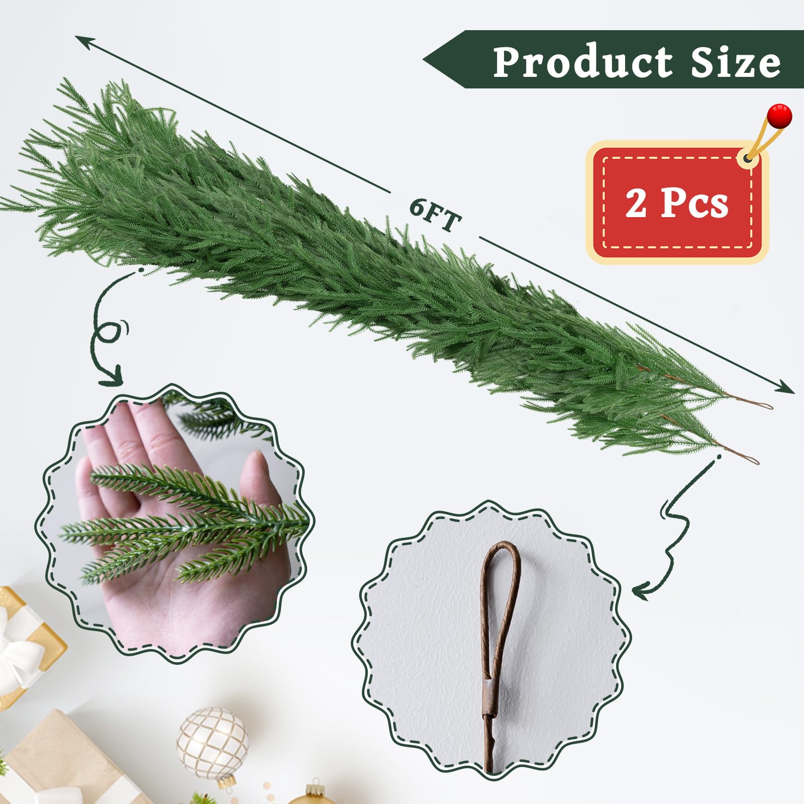 Gixie Home 2Pcs 6Ft Artificial Norfolk Pine Garland Green Plastic