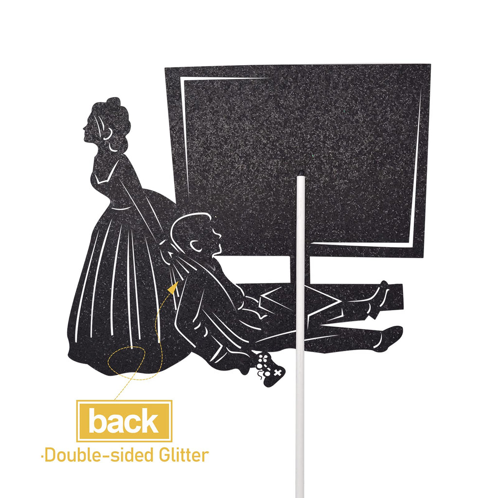 Little Man Game Over Wedding Cake Topper Double-sided Black Glitter 5.5x4.5in