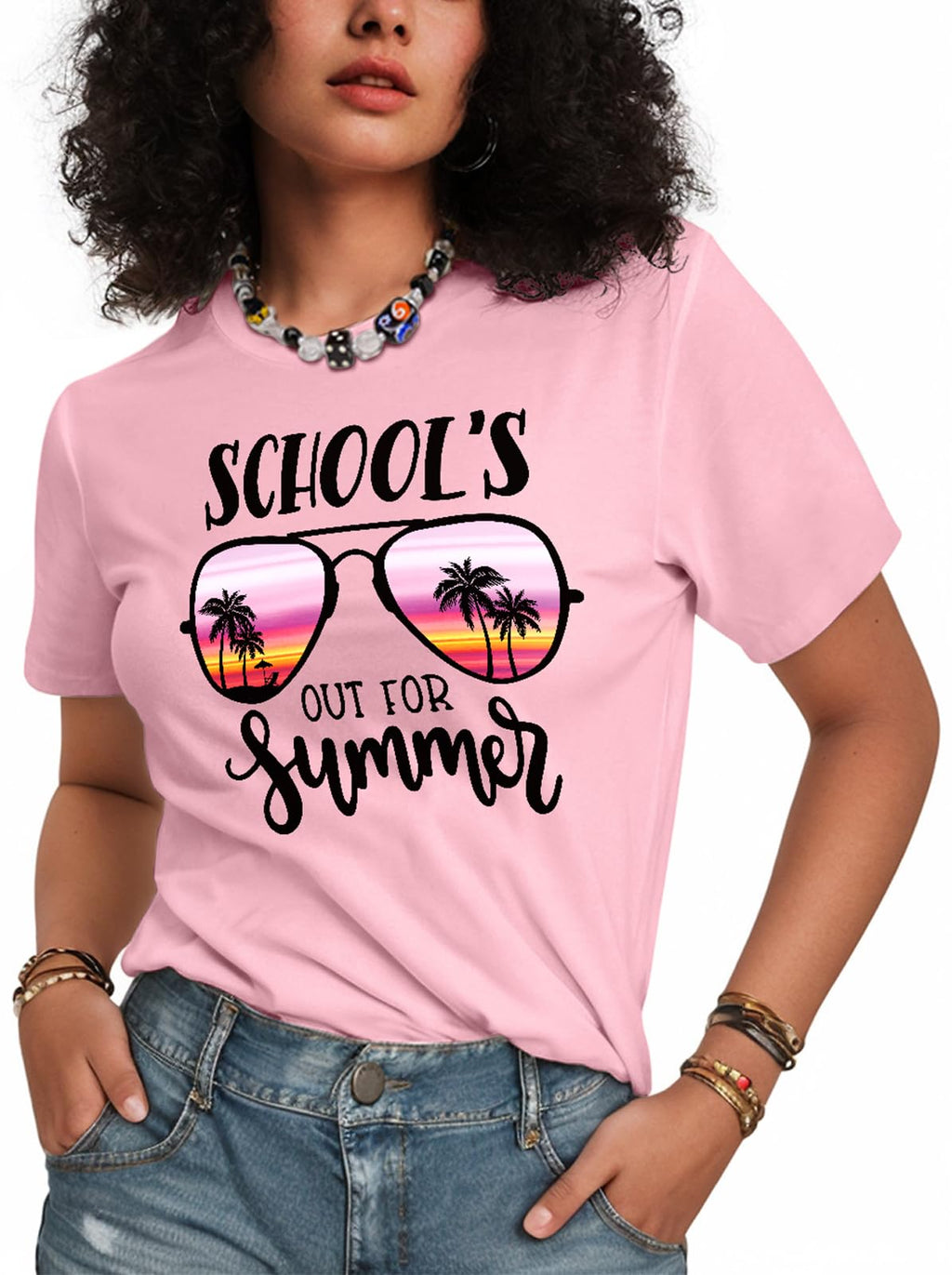 Flafens School's Out Summer Beach Graphic Teacher Shirt Cotton Short Sleeve L