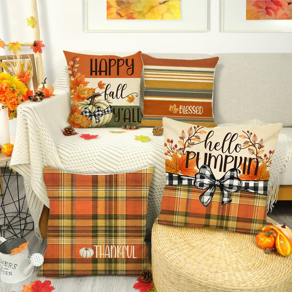 4TH Emotion Fall Pillow Covers 18x18 White Pumpkin Check Set of 4