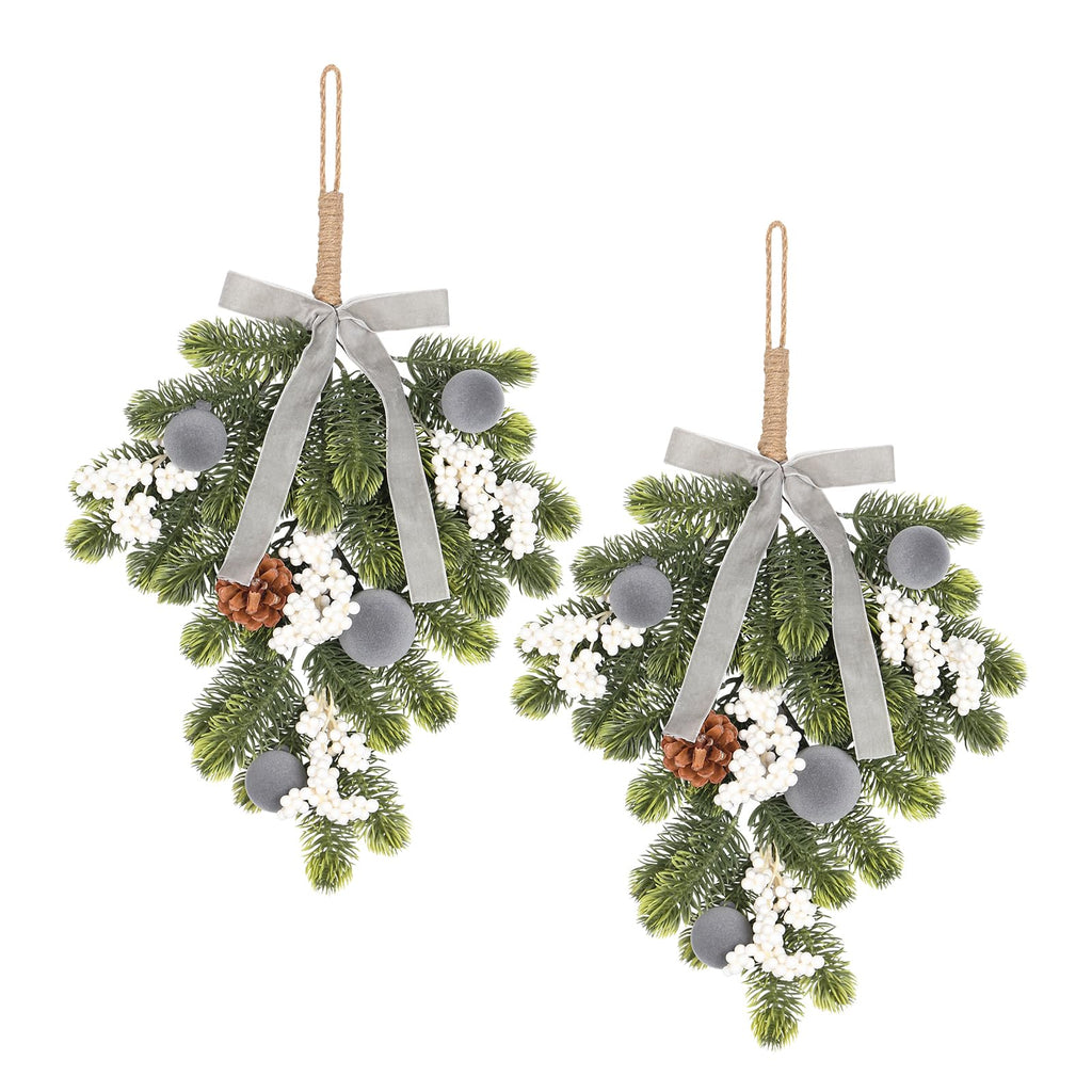 Super Holiday Christmas 2PCS Artificial Green Plant Wreaths Grey Velvet Bow