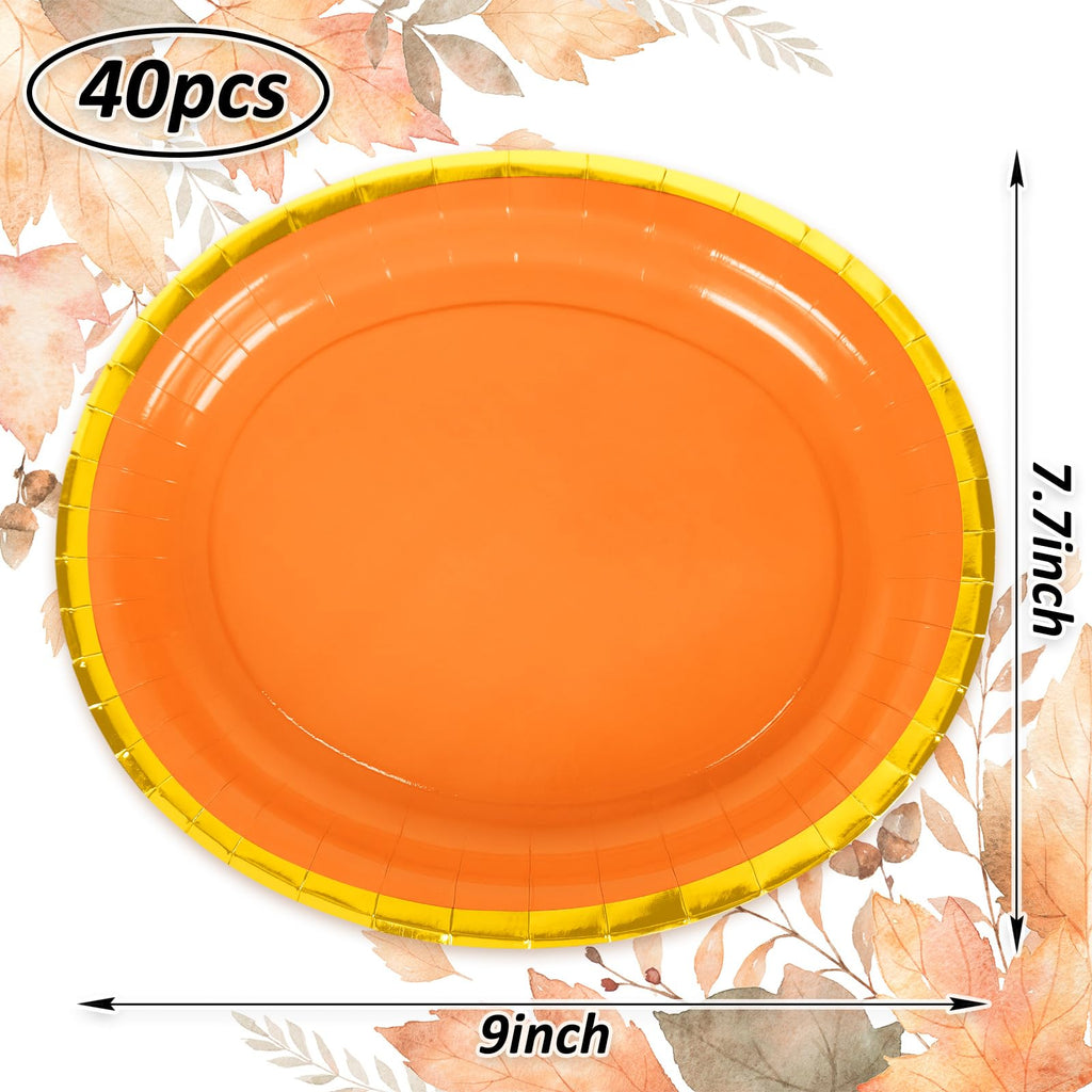 JarThenaAMCS 40Pcs Fall Oval Paper Plates Orange Gold Foil 9x7.7in
