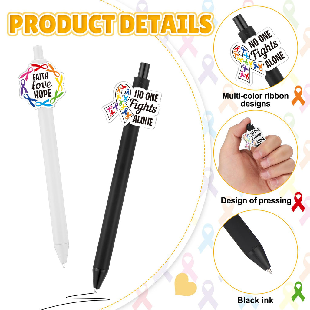 Epakh 24 Pcs Cancer Awareness Ribbon Ballpoint Pens Black Ink White Black
