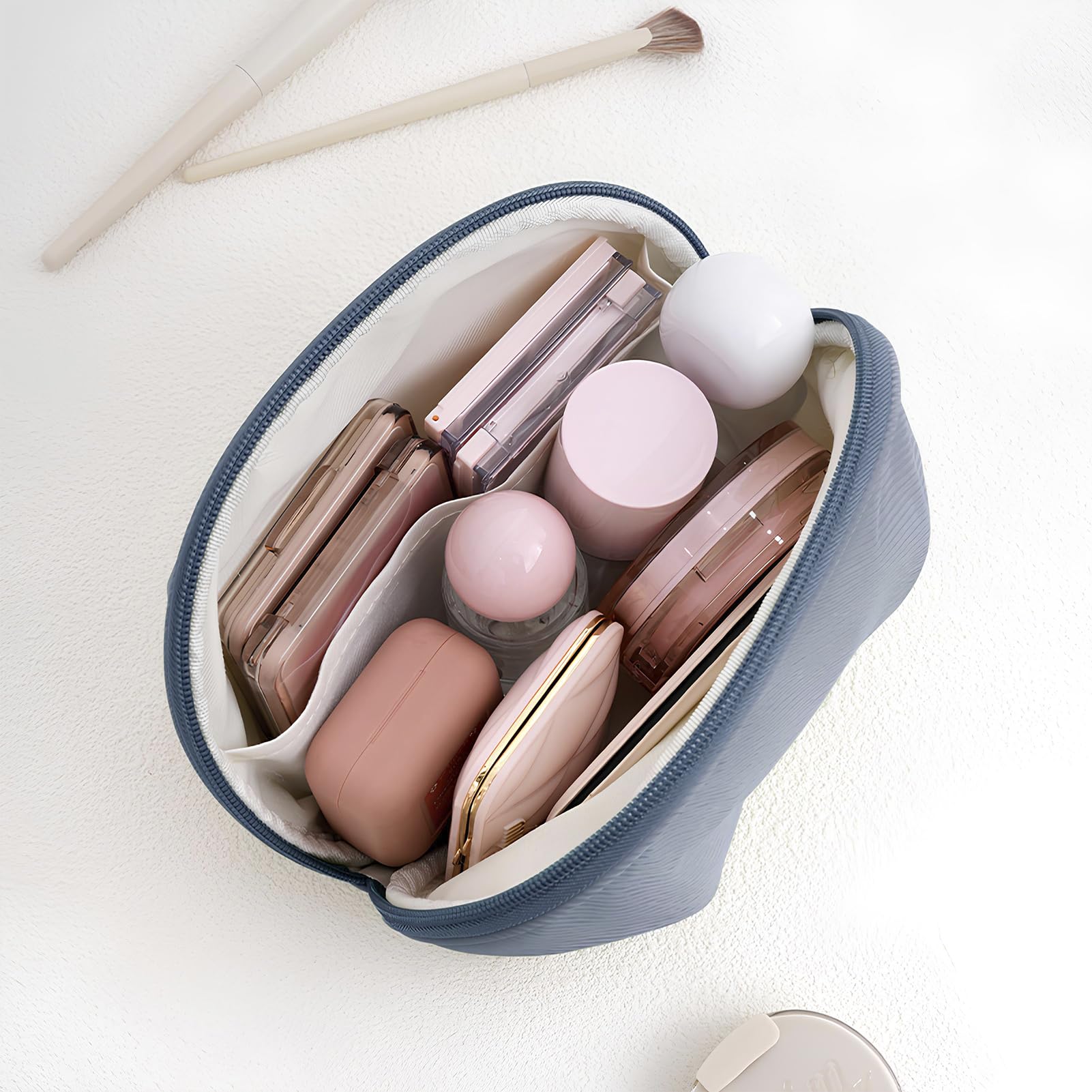 E-Tree Makeup Bag Half Moon Cosmetic Pouch Travel Toiletry Organizer Blue