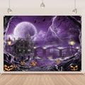 Halloween Backdrop Banner Scary Castle Cemetery Purple Full Moon 7x5Ft