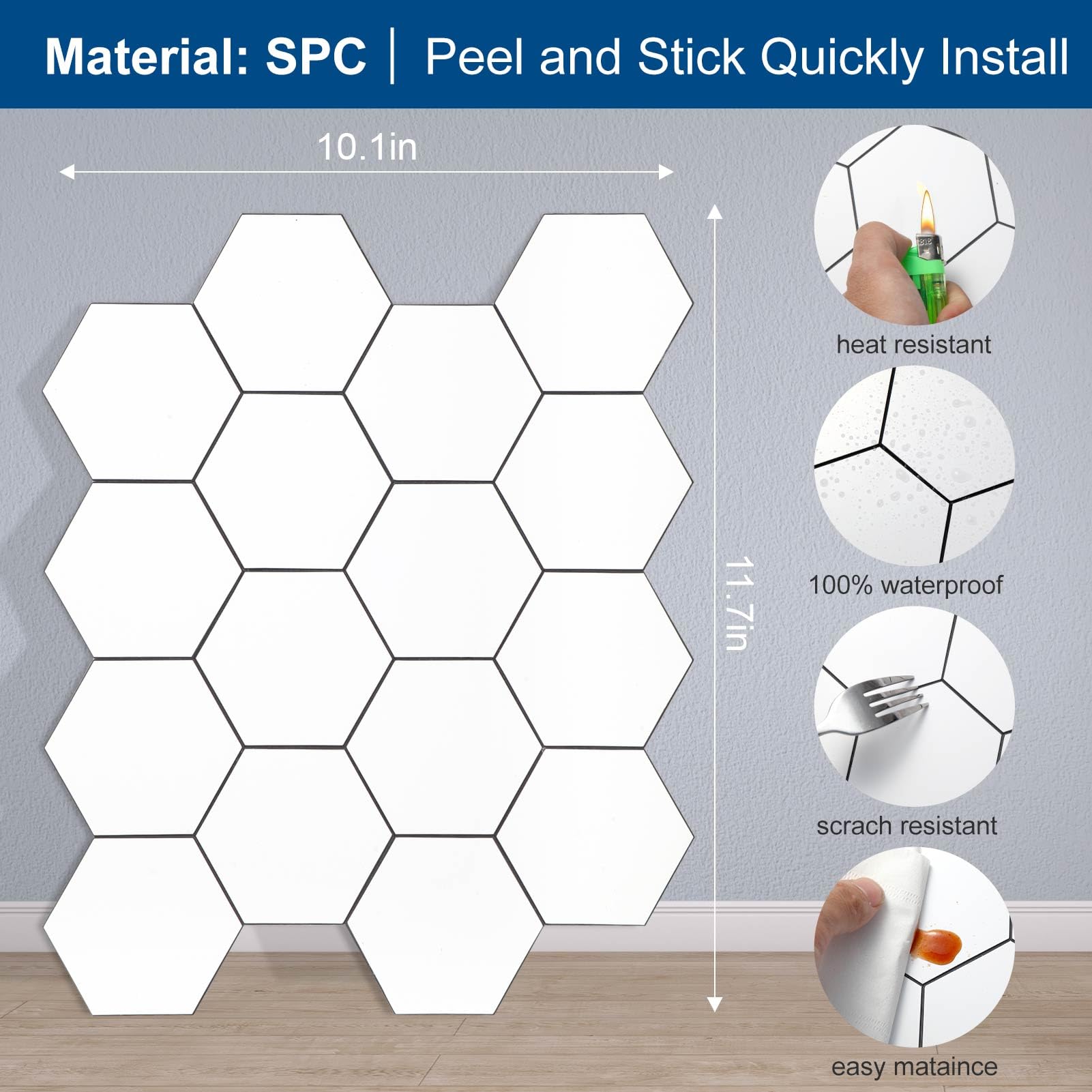Yipscazo Hexagon Peel Stick Backsplash Tile SPC Faux Marble Pure White 1 Sheet
