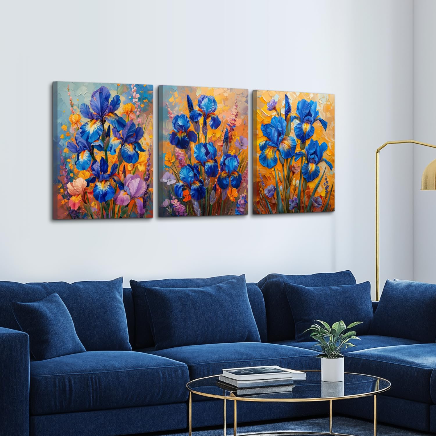 HTTART Blue Iris Flower Oil Painting Wall Art Van Gogh Style 12x16 Set of 3