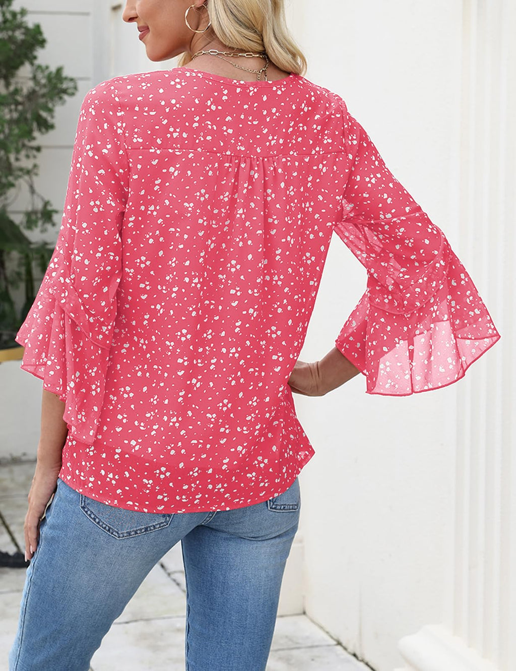 CiCiBird Women Chiffon Floral Blouse 3/4 Ruffle Sleeve Pink Size XXL