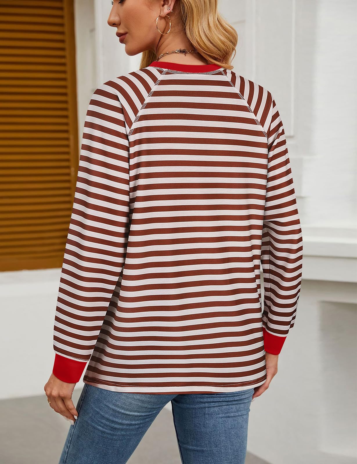 Misyula Style Plus Size Striped Crewneck Sweatshirt Red Brown Size XXL