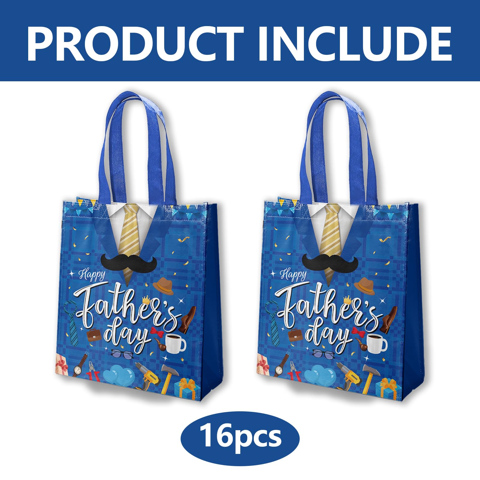 delaimastor 16Pcs Father's Day Non-Woven Gift Bags Blue Black 7.8x3.1x9.8in