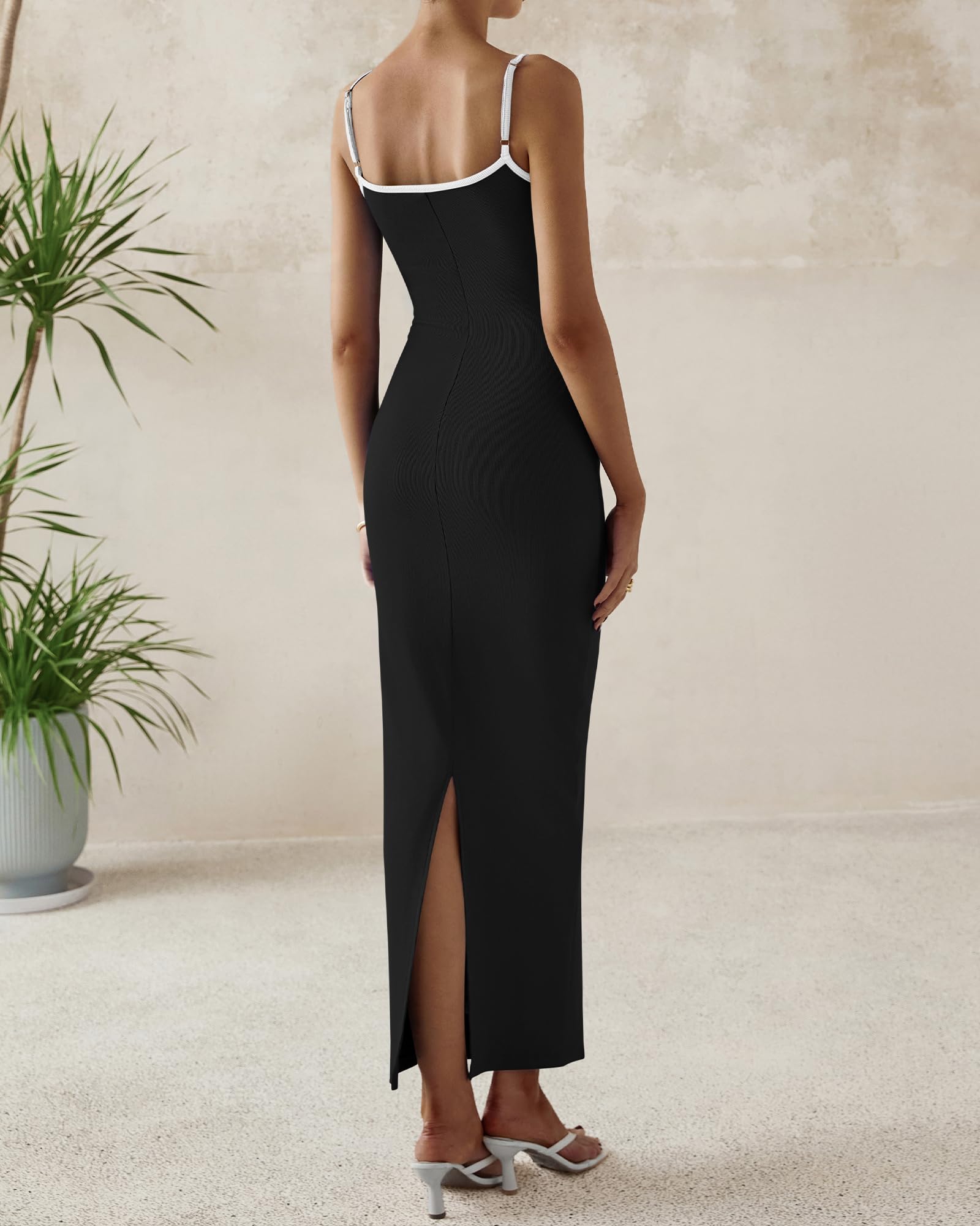 dowerme Women's Summer Bodycon Dress Spaghetti Straps Scoop Neck Black White XXL
