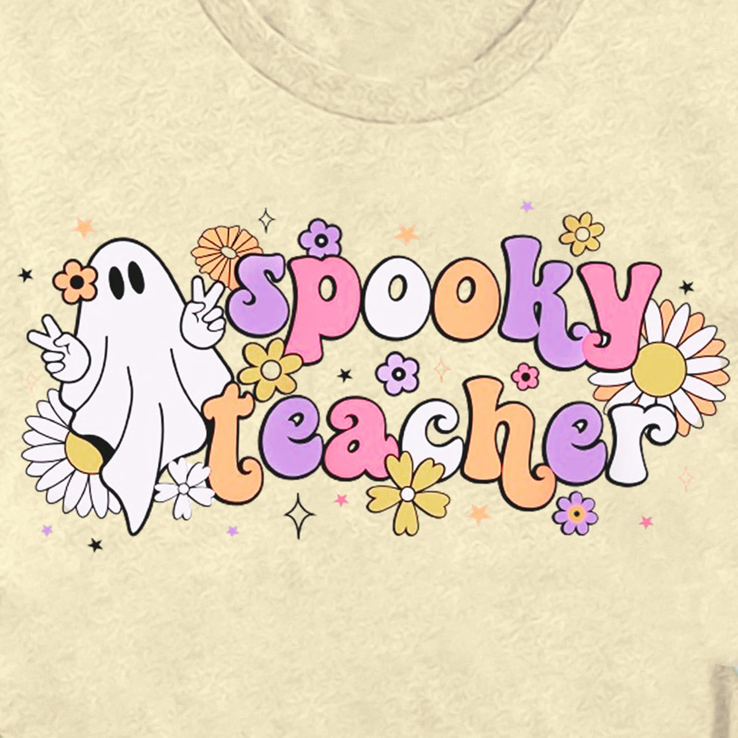 MAIHUN Women's Halloween Teacher Ghost Cartoon T-Shirt Cream Size L