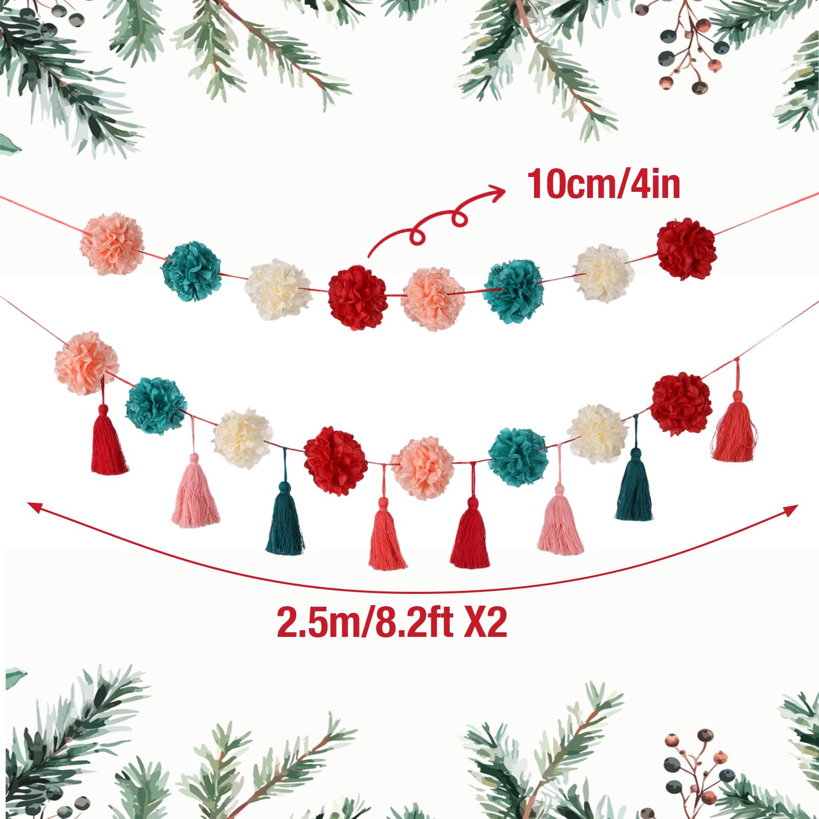OBBOLO Tissue Paper Pompom Garland with Cotton Tassels 2 Pcs Red Green Pink