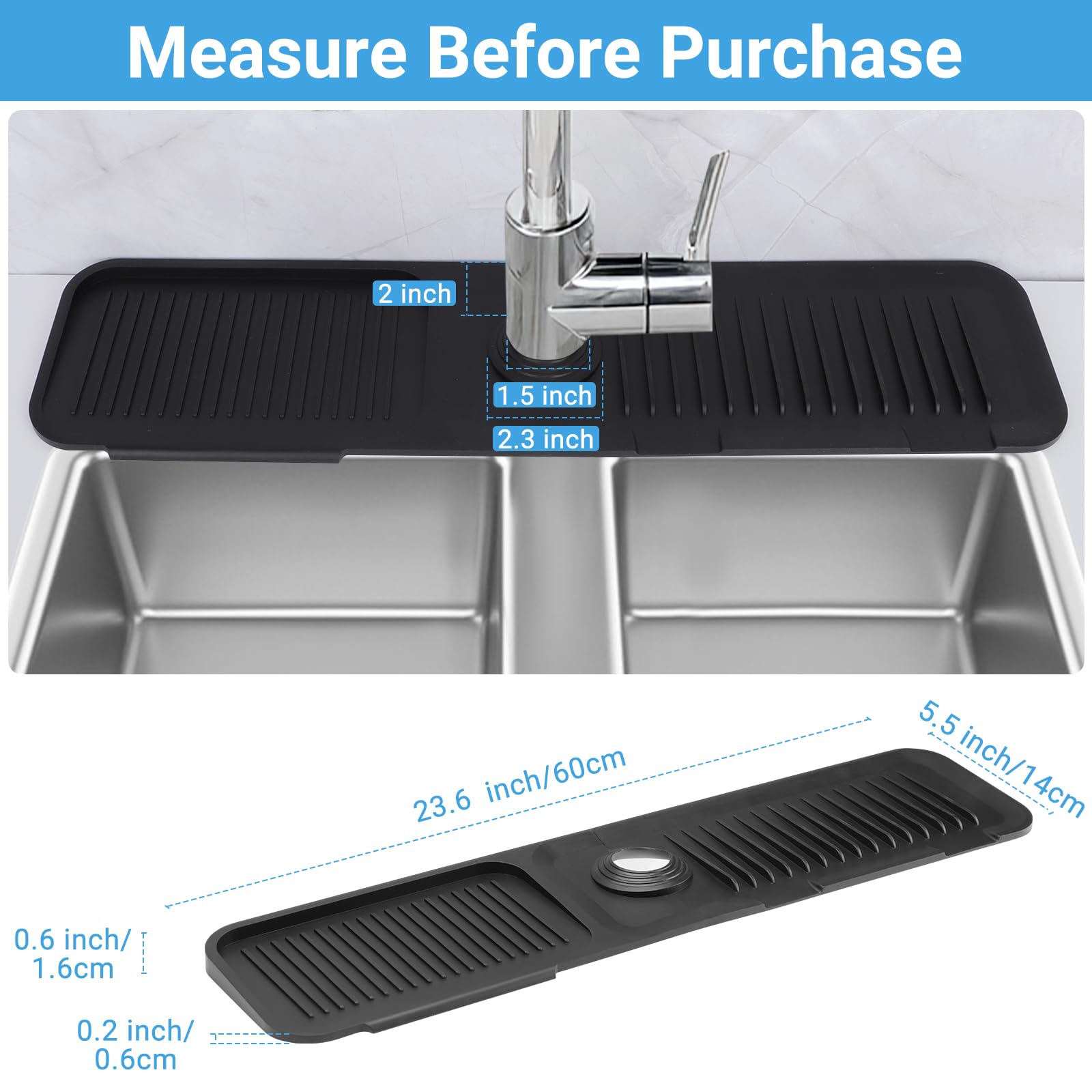 AIZOE Silicone Sink Splash Guard Faucet Mat 23.6in Black Kitchen Bathroom