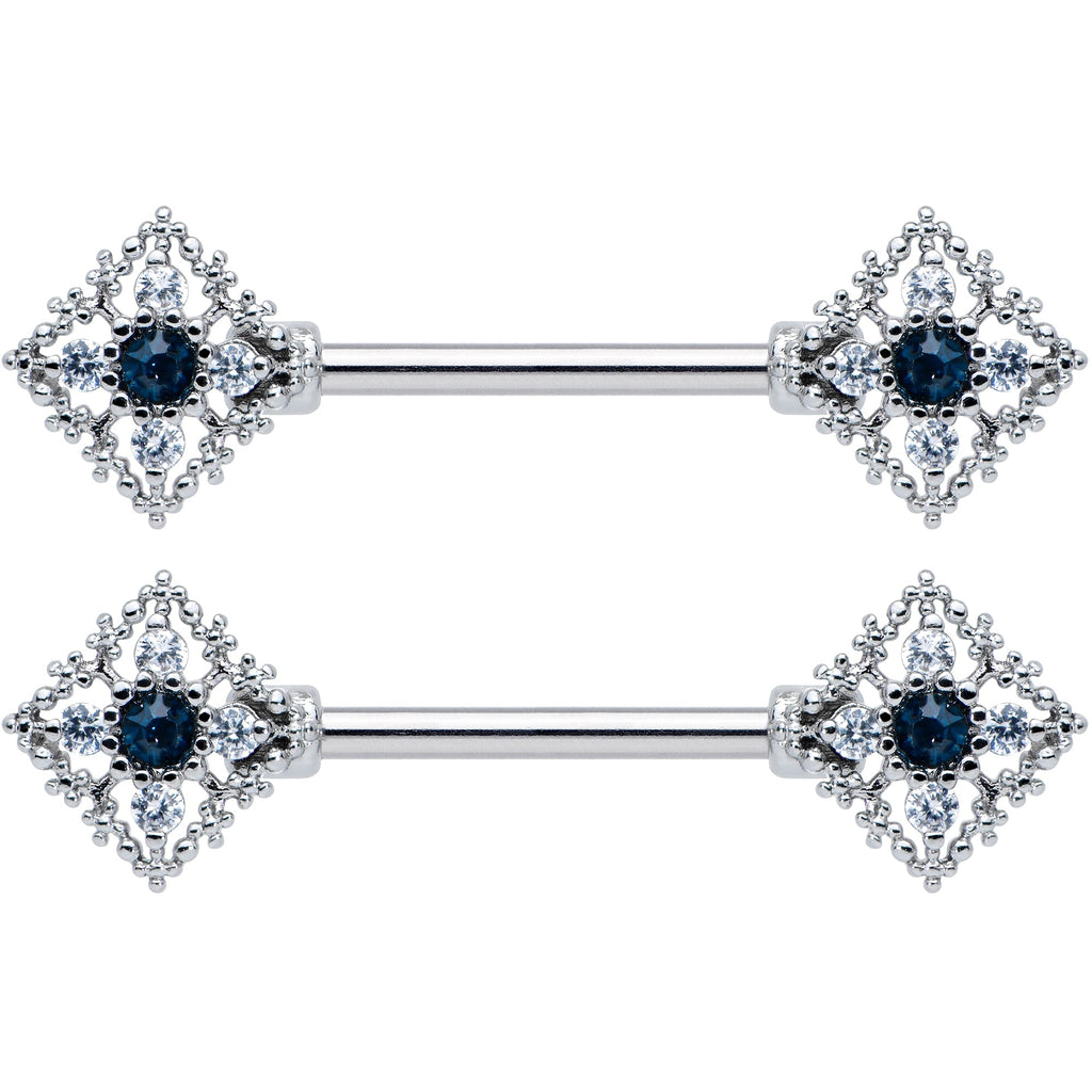 14G 9/16 Clear Blue Gem Textured Rhombus Cross Nipple Ring Set