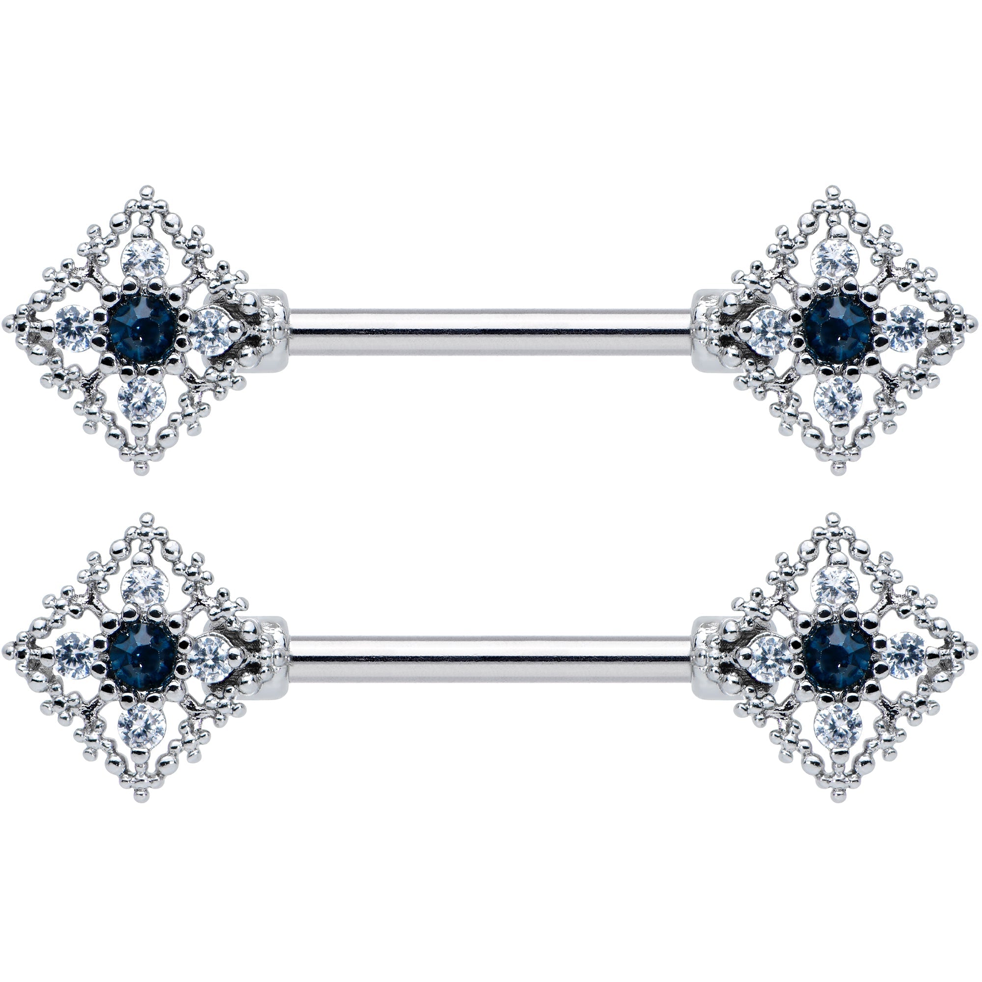 14G 9/16 Clear Blue Gem Textured Rhombus Cross Nipple Ring Set