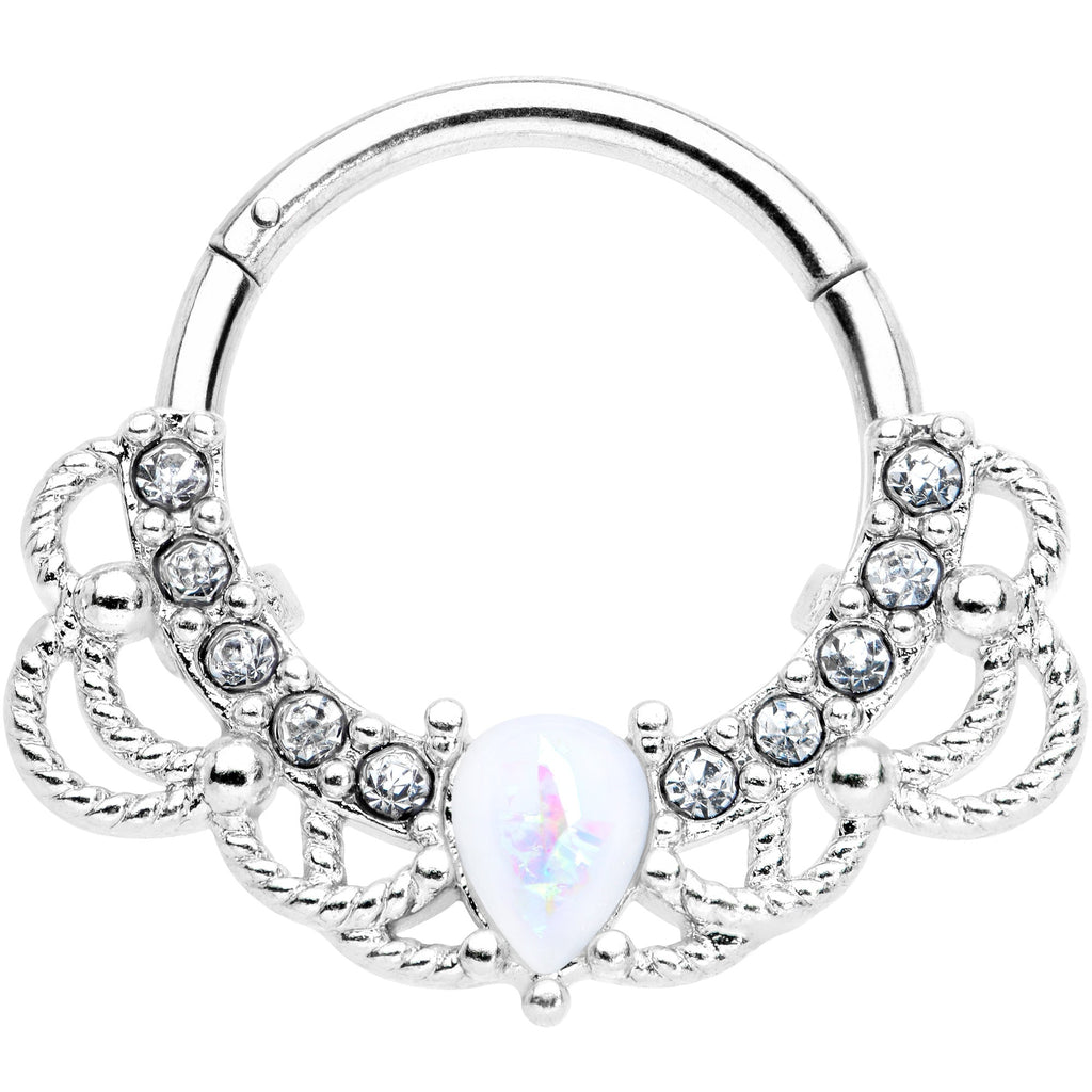 16G 3/8 White Faux Opal Lace Lover Hinged Segment Ring